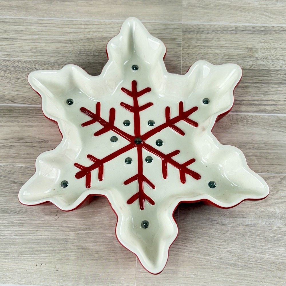 Hallmark Snowflake Ceramic Serving Dish Plate Red White Silver Holiday Candy